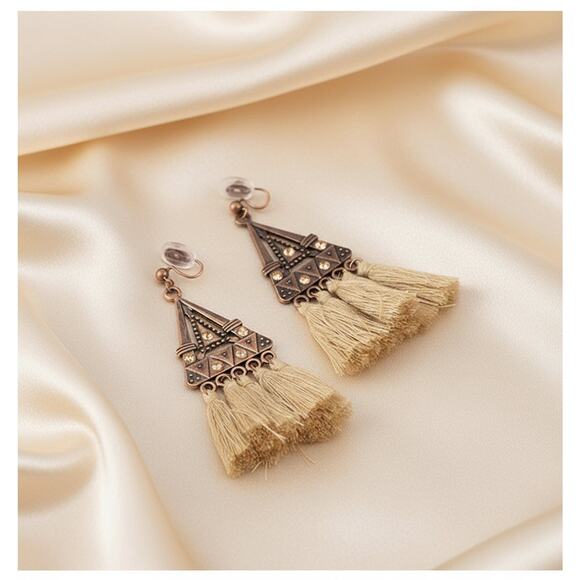 Clip on 3 1/4" xlong copper comfort fit coil dangle brown string earrings - Picture 1 of 4